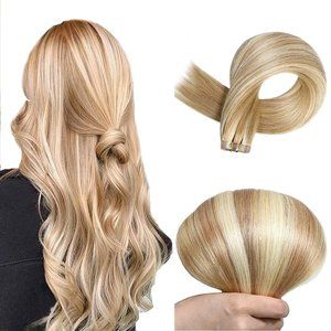 20Pcs Tape in Human Hair Extensions Double Side Tape Golden Brown/Bleach Blonde
